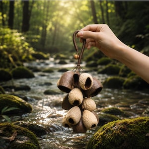 May include: A cluster of natural, brown percussion instruments, held by a hand against a backdrop of a flowing stream and lush forest. The instruments appear to be made from dried gourds and seed pods, strung together with a woven handle.