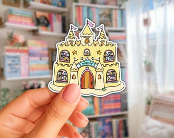 Pegatina artesanal de librería con diseño de castillo de arena / Decoración de librería de fantasía costera de 6,35 cm (2,5 pulgadas), calcomanías de verano para librerías.