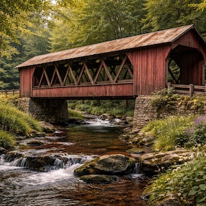 May include: A scenic landscape featuring a red covered bridge over a flowing stream. The bridge has a wooden structure with a gabled roof. Lush greenery and trees surround the bridge, creating a tranquil and natural environment.