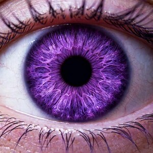 Puede incluir: Primer plano de un ojo humano con un iris morado vibrante y una pupila negra. El ojo está rodeado de piel pálida, pestañas y detalles finos, creando una imagen impactante y artística.