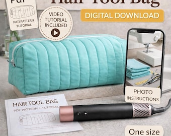 Patrón digital en PDF para bolsa de herramientas para el cabello – Patrón de costura imprimible – Talla única – Videotutorial
