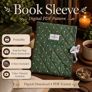 May include: A green quilted book sleeve with white polka dots and a white ribbon closure. The text "Book Sleeve" and "Digital PDF Pattern" are at the top. The sleeve has the text "Holy Bible" embroidered on it. The image also includes the text "Printable", "Step-by-Step Photo Instructions", "6 Sizes Included", and "Video Tutorial Included".