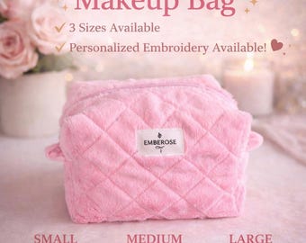 Neceser rosa acolchado personalizado, neceser de felpa, bolsa de aseo bordada a medida