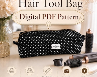 Patrón digital en PDF para bolsa de herramientas para el cabello – Patrón de costura imprimible – Talla única – Videotutorial