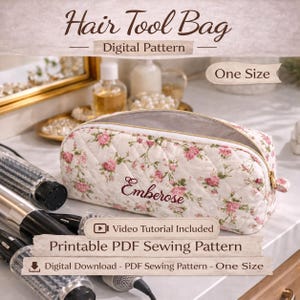 Patrón digital en PDF para bolsa de herramientas para el cabello – Patrón de costura imprimible – Talla única – Videotutorial