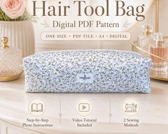 Patrón digital en PDF para bolsa de herramientas para el cabello – Patrón de costura imprimible – Talla única – Videotutorial