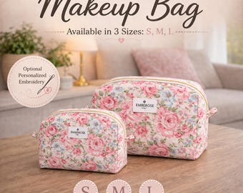 Custom Quilted Makeup Organizer Bag, Cotton Embroidery Travel Pouch, Vanity Bag