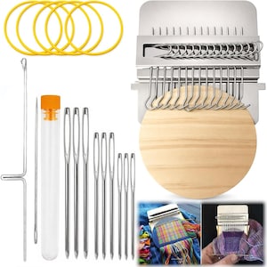 May include: A weaving loom kit with a wooden base and metal components. The kit includes yellow rubber bands, needles, and a clear tube with an orange cap. Two smaller images show the loom in use with colorful threads.
