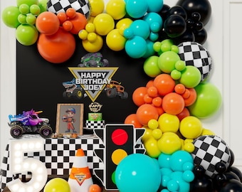 133pcs Black Green Orange Balloon Arch kit for Boys Hot Wheels Birthday Tots and Trucks Baby Shower Race Car Two Fast Monster Truck Party