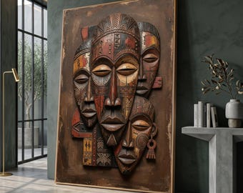 May include: A framed, three-dimensional artwork featuring a collection of carved wooden masks. The masks are in shades of brown, red, and yellow, with intricate patterns and designs. The artwork is displayed against a dark green wall.