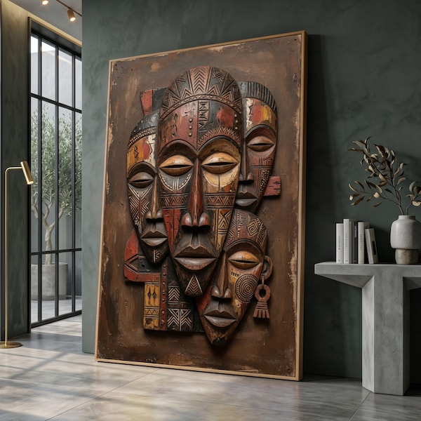 Tribal Afrikaanse maskers canvas muurkunst, etnische beeldhouwkunst, rustiek bruin woondecoratie