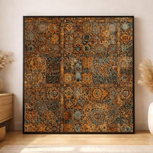 Lienzo con intrincado diseño de azulejos marroquíes, arte mural geométrico, decoración rústica bohemia para el hogar, diseño de mosaico ornamental, impresión en lienzo contemporánea