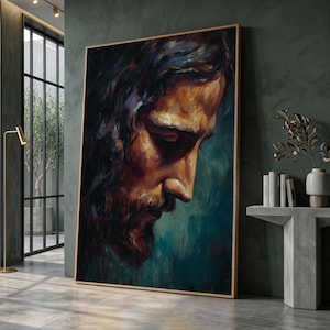 Reflective Man Portrait Canvas Wall Art, Emotional Face Painting, Moody Expression Canvas, Dramatic Home Decor, Ready to Hang Artwork