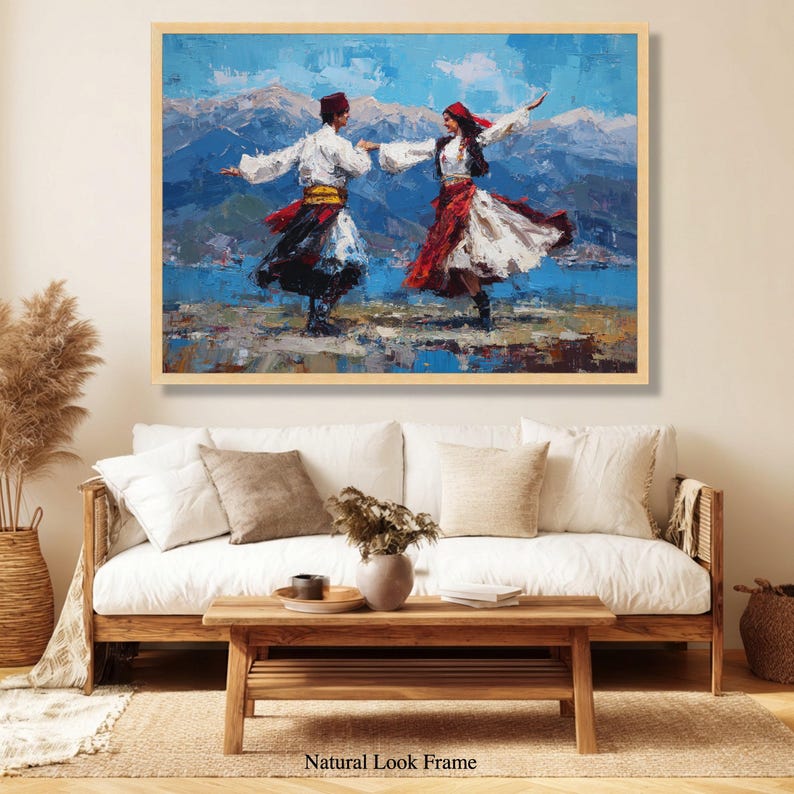 Ethnic Folk Dance Couple Canvas Art, Vibrant Cultural Mountain Landscape Print image 7
