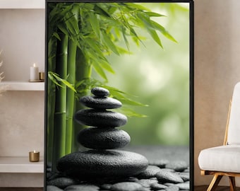 May include: A framed print featuring a zen garden scene. A stack of smooth, dark gray stones is balanced in front of green bamboo stalks and leaves. The background is a soft, blurred green, creating a sense of tranquility.