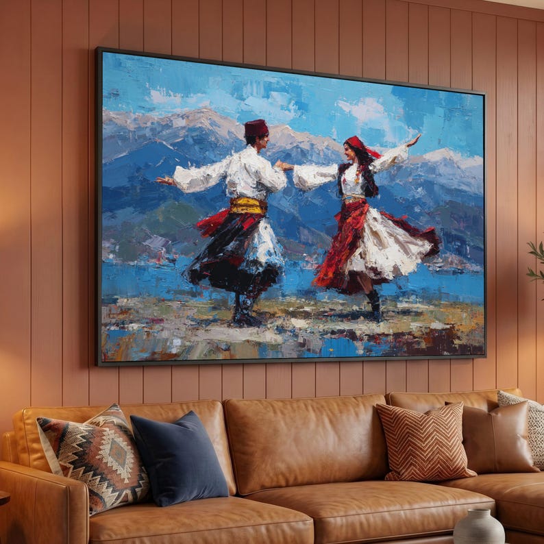 Ethnic Folk Dance Couple Canvas Art, Vibrant Cultural Mountain Landscape Print image 1