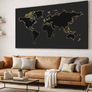 Elegant World Map Canvas Wall Art, Black and Gold Outline Design, Large Modern Travel Decor, Oversized Canvas for Living Room