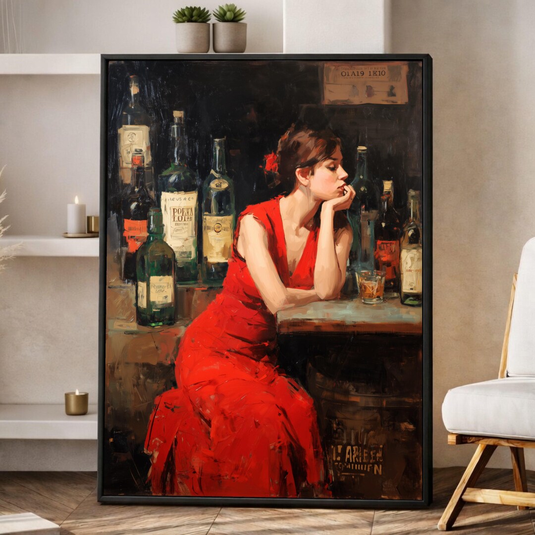 Woman in Red Dress Vintage Bar Scene Painting, Figurative Wall Art ...