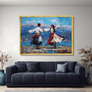 Ethnic Folk Dance Couple Canvas Art, Vibrant Cultural Mountain Landscape Print image 3