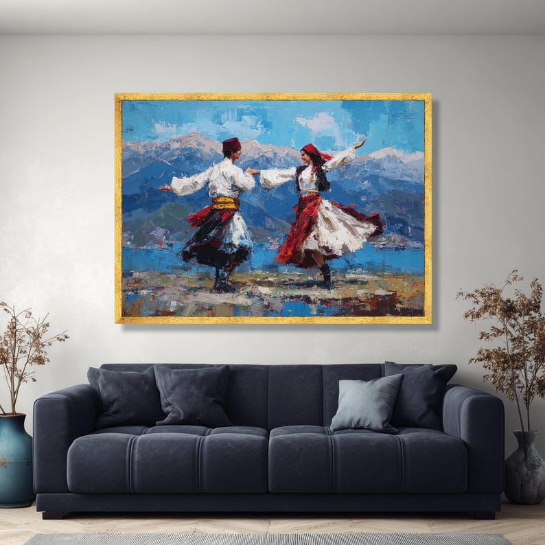 Ethnic Folk Dance Couple Canvas Art, Vibrant Cultural Mountain Landscape Print image 3