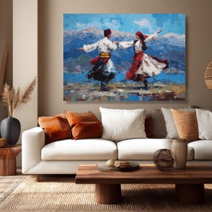 Ethnic Folk Dance Couple Canvas Art, Vibrant Cultural Mountain Landscape Print image 4