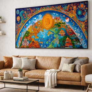 Può includere: Una grande stampa artistica incorniciata e colorata raffigurante una mappa del mondo dettagliata con elementi architettonici, un sole e un arcobaleno. L'opera d'arte è esposta sopra un divano in pelle marrone con cuscini e una coperta bianca.