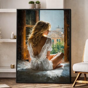 Cuadro impresionista de una mujer junto a la ventana, decoración romántica para la pared del dormitorio.