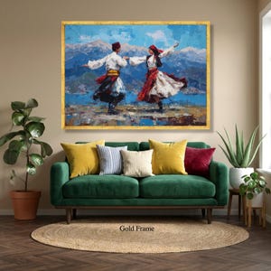 Ethnic Folk Dance Couple Canvas Art, Vibrant Cultural Mountain Landscape Print image 6