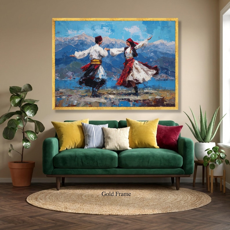 Ethnic Folk Dance Couple Canvas Art, Vibrant Cultural Mountain Landscape Print image 6