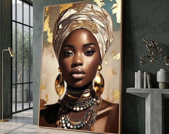 May include: A framed portrait of a woman with dark skin wearing a white and gold head wrap, large gold earrings, and layered necklaces. The background has gold leaf accents. The artwork is displayed in a room with a modern aesthetic.