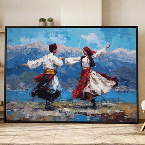 Ethnic Folk Dance Couple Canvas Art, Vibrant Cultural Mountain Landscape Print image 2