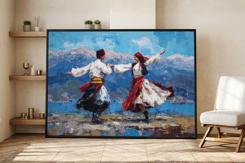 Ethnic Folk Dance Couple Canvas Art, Vibrant Cultural Mountain Landscape Print image 2