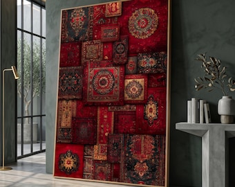 May include: A large framed artwork featuring a collage of various red, black, and gold patterned rug designs. The artwork is rectangular and has a wooden frame. The rug patterns include floral and geometric motifs.