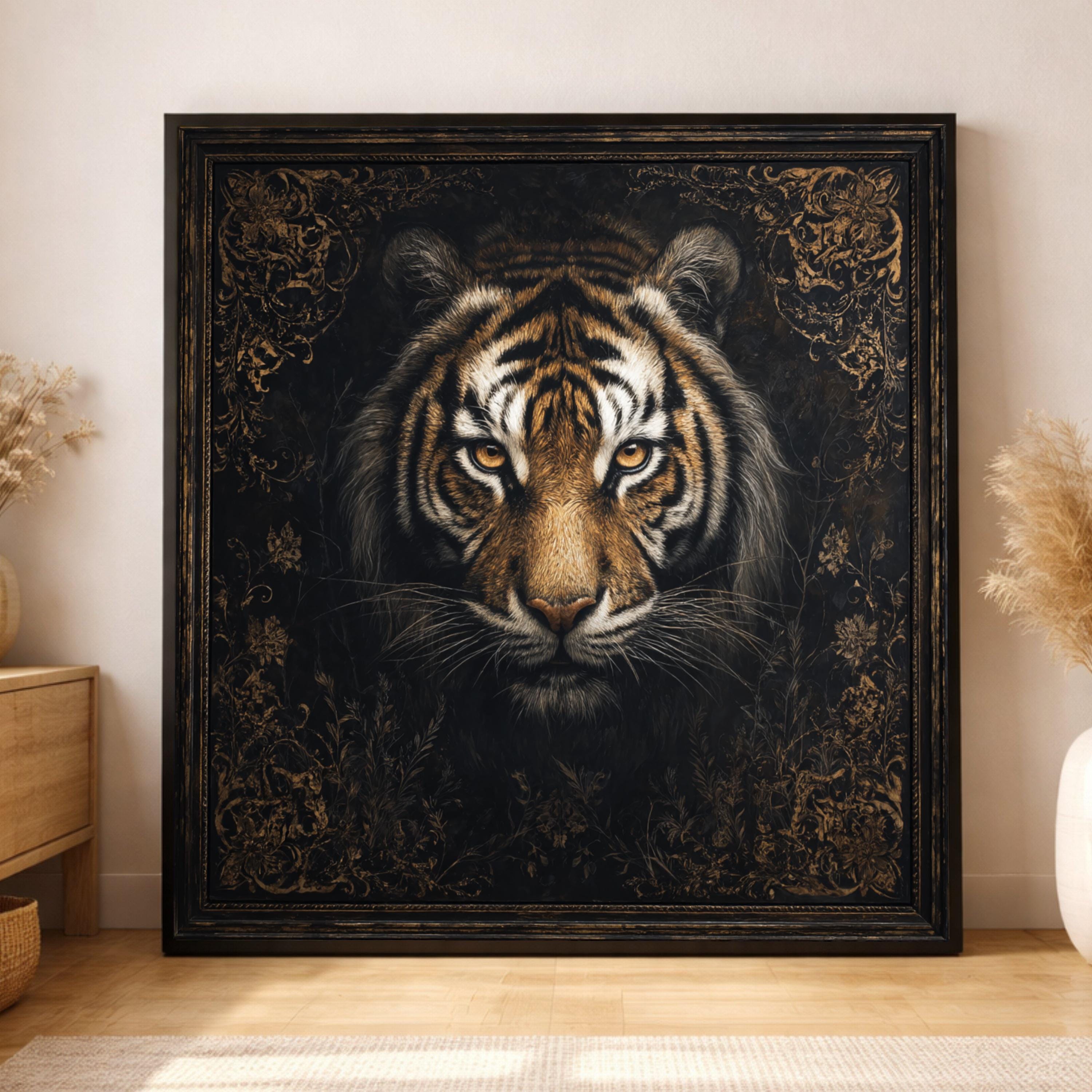 Majestic Tiger Portrait Canvas, Wildlife Animal Wall Art, Dark