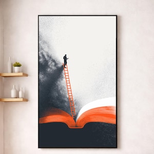 May include: An artistic print shows a person ascending an orange ladder from an open book. The book's pages are orange and white, with a dark, smoky area on the left. The background is white, and the print is framed in black.