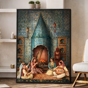 May include: A framed print showing a group of musicians in a Middle Eastern interior. The artwork features figures playing instruments, including a harp and lute, set against a backdrop of a fireplace and detailed tilework in blue, gold, and brown.