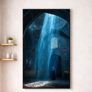 Mystical Mosque Interior Canvas, Sunlight Rays Through Windows, Islamic Architecture Wall Art, Spiritual Home Decoration, Blue Patterned