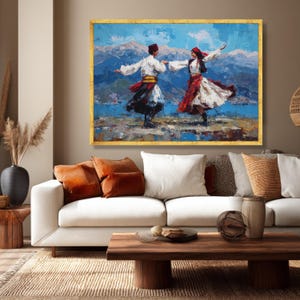 Ethnic Folk Dance Couple Canvas Art, Vibrant Cultural Mountain Landscape Print image 9