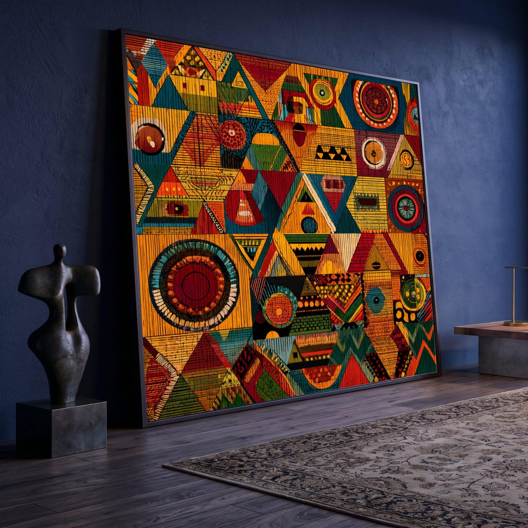 Vibrant Geometric Mosaic Canvas, Tribal Pattern Wall Art, Colorful ...