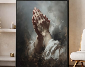 Praying Hands Canvas Wall Art, Spiritual Faith Devotion Painting, Peaceful Home Decor