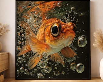 May include: A framed art print featuring a vibrant orange goldfish with large, expressive eyes. The fish is surrounded by numerous bubbles, creating a dynamic underwater scene against a dark background. The artwork is displayed in a black frame.