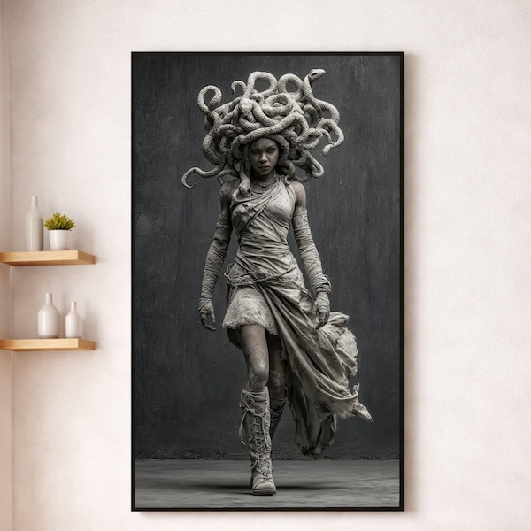Fierce Medusa Canvas Print, Snake Hair Sculpture Art, Dark Fantasy Wall Decor