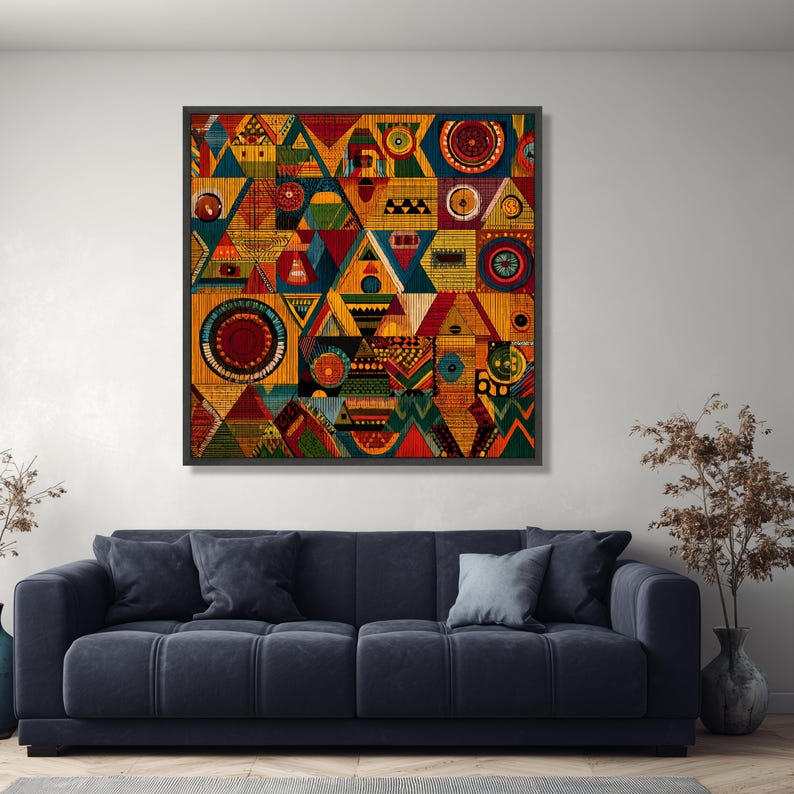 Vibrant Geometric Mosaic Canvas, Tribal Pattern Wall Art, Colorful ...