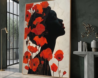 May include: A framed art print featuring a black silhouette of a person's profile, adorned with vibrant red poppy flowers. The artwork has a neutral background and is set in a gold frame, suitable for home decor.