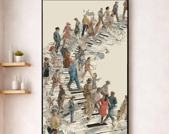 May include: A framed art print depicts a crowd of people walking on a path made of musical notes. The figures are dressed in various outfits, and some are carrying musical instruments. The artwork has a vintage, collage-like aesthetic.