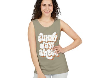 Sunny Days Ahead tank top | retro bubble text, orange shadow