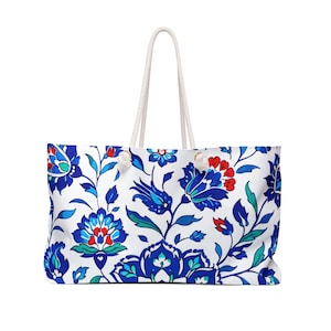 Blue Turkish Tile Floral Weekender Bag | Ottoman Iznik Pattern Tote