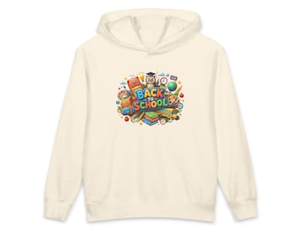 KidsCo Premium Fashion - Bluza z kapturem dla dzieci z nadrukiem "Powrót do szkoły" | Kolorowa grafika z artykułami szkolnymi