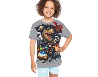 Colección de moda premium de Kidsco - Camiseta infantil con estampado de dinosaurios y espacio / Camiseta deportiva infantil
