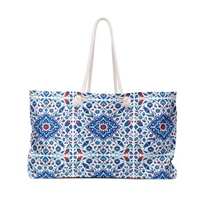 Blue Turkish Tile Floral Weekender Bag | Mediterranean Mosaic Travel Tote